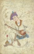A PERSIAN MINIATURE PAINTING ON PAPER, depicting a seating figure playing a musical instrument