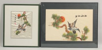 TWO 20TH CENTURY CHINESE EMBROIDERED SILK PANELS of eagles, both inscribed, framed and glazed,