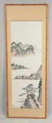 A FRAMED CHINESE SCROLL PAINTING ON PAPER, depicting a mountainous landscape, with red seal mark