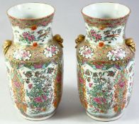 A PAIR OF CHINESE CANTON TWIN HANDLE PORCELAIN VASES, painted with panels depicting birds,