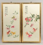TWO CHINESE EMBROIDERED SILK PANELS, one depicting fish, the other with flora, both inscribed,