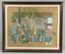 A VERY LARGE FRAMED PERSIAN PAINTING ON SILK, depicting a courtyard scene with many figures and
