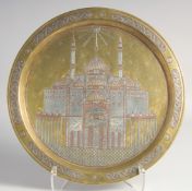 A FINE UNUSUAL 19TH CENTURY OTTOMAN SYRIAN SILVER INLAID BRASS TRAY, depicting the Blue Mosque of