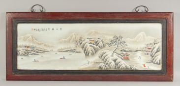 A VERY LARGE CHINESE PORCELAIN PLAQUE within a hardwood frame, possibly republic period, decorated