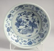 A CHINESE BLUE AND WHITE PORCELAIN BOWL, the interior centre painted with phoenix and further