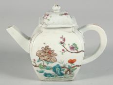 A CHINESE FAMILLE ROSE PORCELAIN TEAPOT, painted with native flora and gilt highlights, 18cm spout