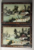 A GOOD PAIR OF CHINESE REVERSE PAINTINGS ON GLASS, river scenes with boats and buildings in a