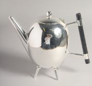 A LARGE CHRISTOPHER DRESSER DESIGN SILVER PLATED EGG SHAPED TEA POT.