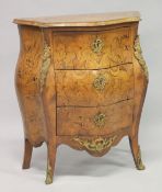 A GOOD SMALL 19TH CENTURY, NORTH ITALIAN ROSEWOOD AND MARQUETRY BOMBE THREE DRAWER COMMODE, the top,