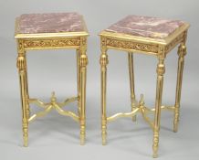 A PAIR OF FRENCH STYLE GILTWOOD AND MARBLE SQUARE SHAPED STANDS. 2ft 4ins high x 1 ft 4ins wide.