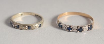 TWO 9CT GOLD SAPPHIRE AND DIAMOND RING.