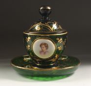 A GOOD BOHEMIAN BOWL, COVER AND STAND with enamel portrait of child and flowers. 5.75ins diameter.