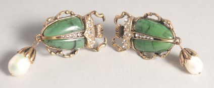 A PAIR OF JADE AND PEARL SCARAB EARRINGS.