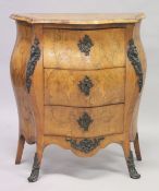 A GOOD SMALL 19TH CENTURY, NORTH ITALIAN ROSEWOOD AND MARQUETRY BOMBE THREE DRAWER COMMODE, the top,