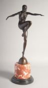 ARTHUR J. PHILIPPE. AN ART DECO BRONZE DANCER. Signed. 13ins on a marble pedestal.