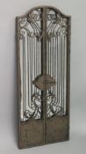 A WROUGHT IRON FOLDING MIRROR. 4ft 3ins high x 3ft 4ins wide when open.