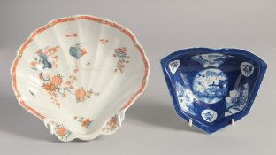 A RARE BOW LARGE SHELL SHAPED DISH painted with the Two Quail pattern (A/F) and a BOW HORS D'OEUVRES