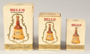 THREE BOTTLES OF BELLS WHISKY. 26 2/3, 131/3, 6 2/3 fl. ozs.