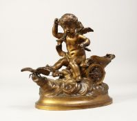 AFTER L. COUSTOU. A 19TH CENTURY GILDED BRONZE OF A CUPID BEING PULLED BY A BUTTERFLY, IN A CHARIOT.