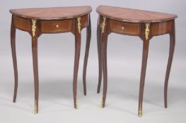 A PAIR OF MAHOGANY DEMI-LUNE SINGLE DRAWER SIDE TABLES. 2ft wide 1ft deep x 2ft 5ins high.