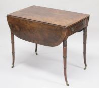 AN 18TH CENTURY FIGURED MAHOGANY HEPPLEWHITE DESIGN PEMBROKE TABLE with folding shaped flaps,