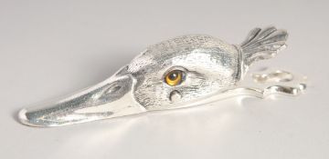 A SILVER PLATED DUCK LETTER CLIP.