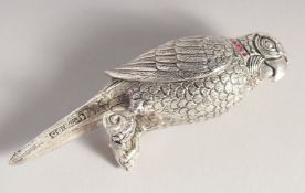 A SILVER PLATED PARROT PERFUME BOTTLE.