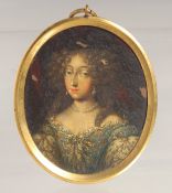 A LATE POSSIBLY 17TH CENTURY OVAL PORTRAIT MINIATURE OF MADAME de MONTPESIRE, oil on copper. 2.