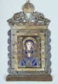 A SUPERB QUALITY GILT AND ENAMEL ICON, the metal frame with cupids and crown. 4ins x 2ins overall in