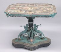 A HIGHLY ORNATE SHAPED RECTANGULAR PEDESTAL TABLE inset with Sevres style porcelain panels, (