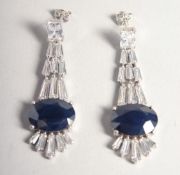 A PAIR OF SILVER REAL SAPPHIRE AND C Z ART DECO DESIGN DROP EARRINGS.