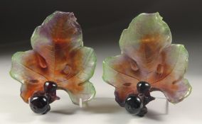 A SUPERB PAIR OF DAUM PATE DE VERRE GLASS FIG LEAF DISHES each with two long dark figs. Signed: