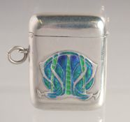 AN EDWARD VII SILVER AND ENAMEL ART NOUVEAU VESTA. 1.75ins x 1.5ins. Birmingham 1909.