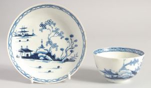 A LIVERPOOL TEABOWL AND SAUCER painted in blue with the Cannonball pattern, after Worcester.