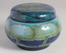 WILLIAM MOORCROFT MOONLIT BLUE LANDSCAPE DESIGN CIRCULAR POT AND COVER with threaded lid Script