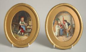 A PAIR OF 19TH CENTURY CONTINENTAL OVAL PORCELAIN PLAQUES, children with cats and dogs. 6ins x 4.