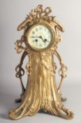 A GOOD ART NOUVEAU SPELTER MANTLE CLOCK, the cream dial painted with flowers, the case with female
