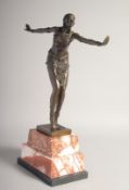 AFTER D. L. CHIPARUS AN ART DECO BRONZE DANCER. Signed. 13ins high on a marble pedestal.