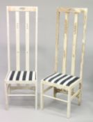 A PAIR OF MACKINTOSH STYLE HIGH BACK PAINTED SIDE CHAIRS with striped upholstered seat (some paint