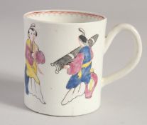 A LIVERPOOL COFFEE CAN with flat base painted with oriental figures.