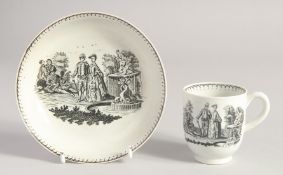 A LIVERPOOL COFFEE CUP AND SAUCER printed in black by Sadler with La Cascade, a man and a woman by a
