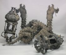 A LARGE PAIR OF WROUGHT IRON DRAGON WALL SCONCES, modelled as a pair of Chinese style dragons