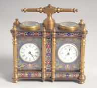 A DOUBLE CLOISONNE CARRIAGE CLOCK. 5ins high.