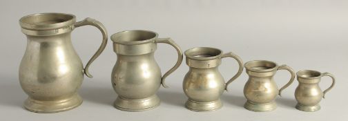 A SET OF FIVE EARLY BELL METAL MEASURES. 2.5, TO 6.5. Bears name of pub: The Leicester, New Coventry