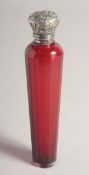 A SILVER TOP CRANBERRY GLASS TAPERING SCENT BOTTLE. 5ins long.