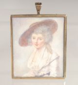 AN 18TH CENTURY RECTANGULAR PORTRAIT MINIATURE OF A LADY with a blue back. 3ins x 2.5ins.