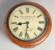 A GOOD VICTORIAN MAHOGANY CASED 9.5ins WALL CLOCK by LUND AND BLOCKER, TO THE QUEEN, 12 PALL MALL,