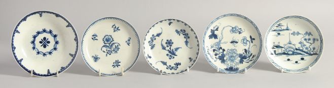 FIVE LIVERPOOL SAUCERS all painted in blue.