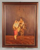 A FRAMED SPANISH PICTURE figures with a donkey. 18ins high.