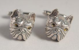 A PAIR OF SILVER FRENCH BULLDOG CUFF LINKS.